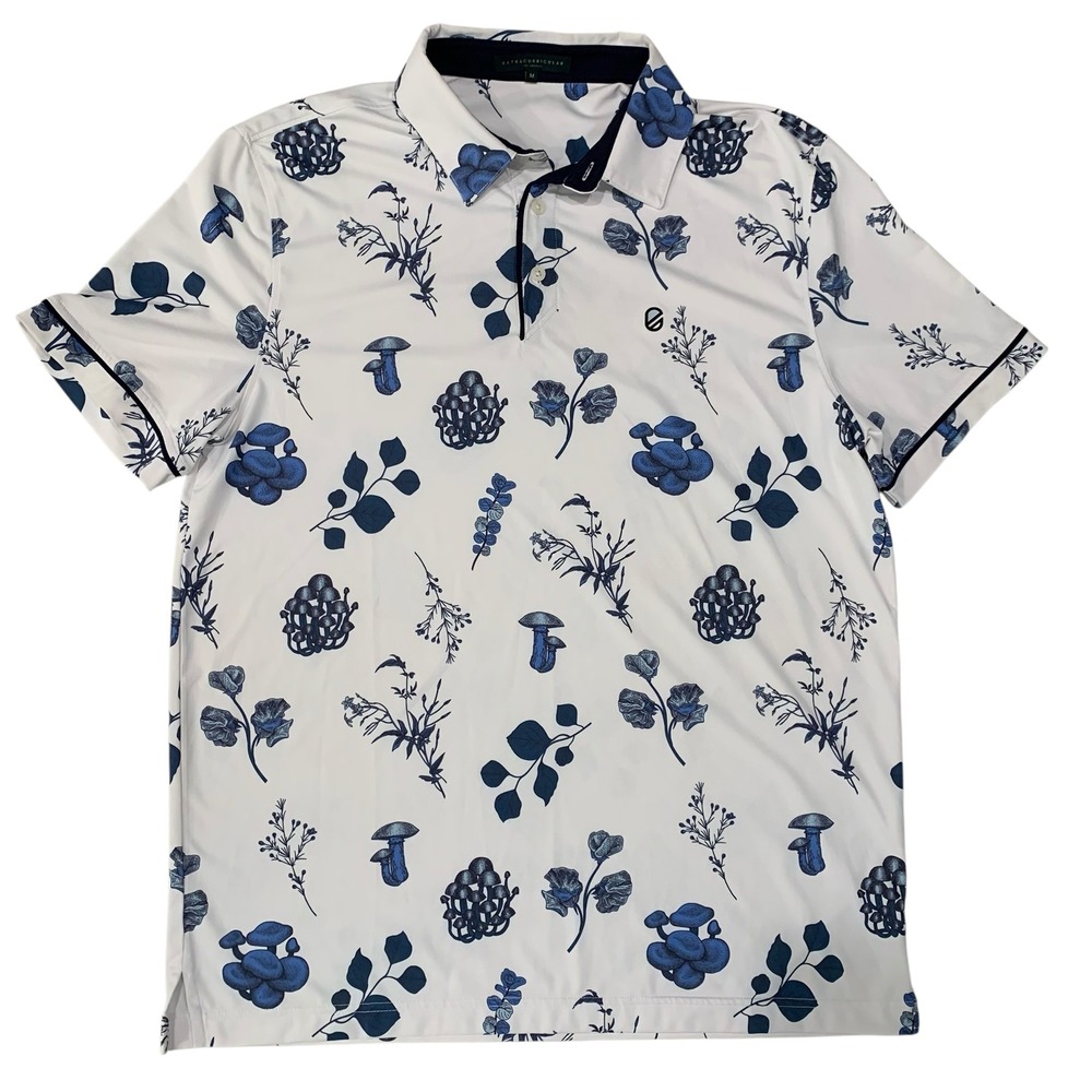 Extracurricular‎ Golf Polo Shirt Mens Medium White Blue Botanical Print Stretch